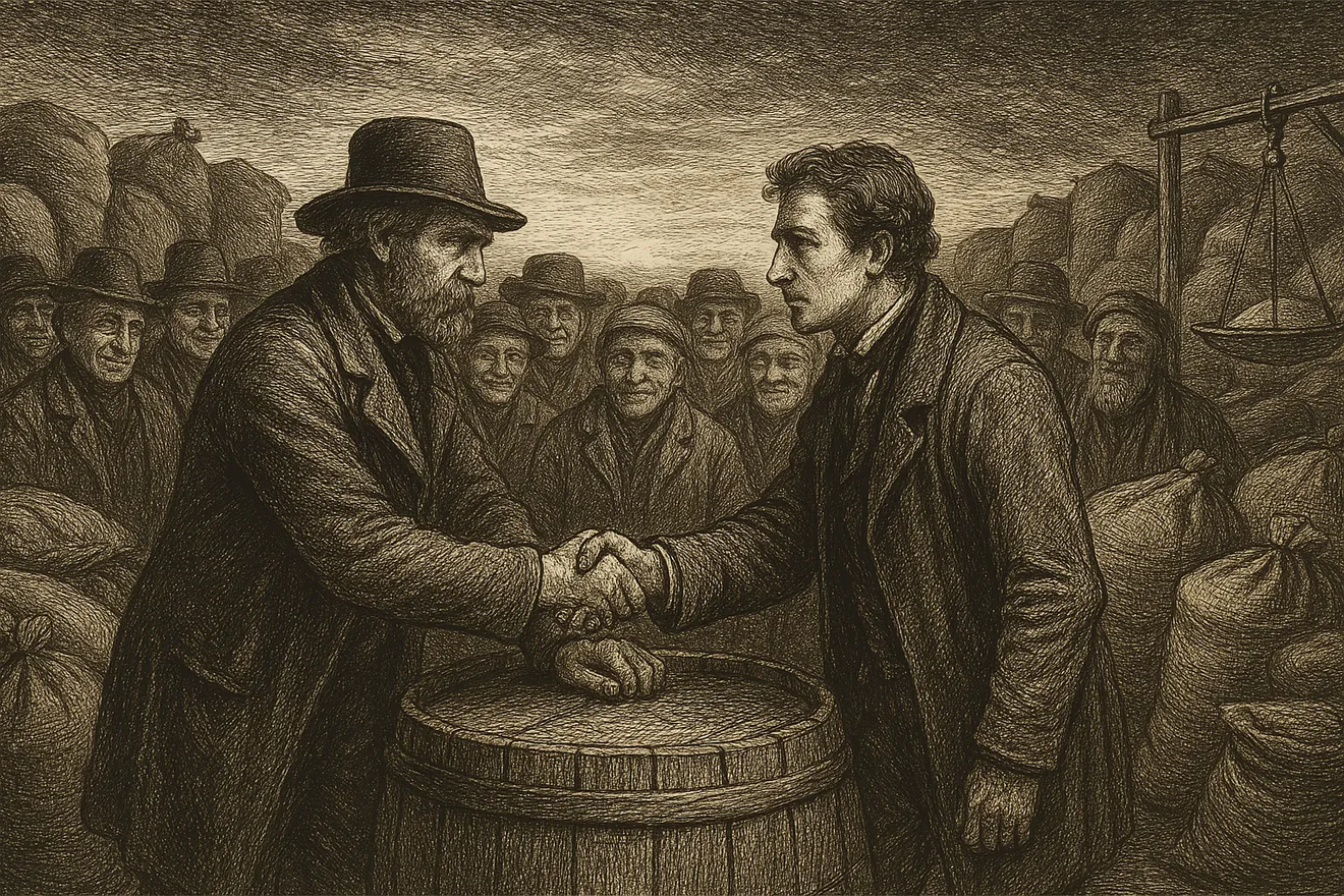 Engraving: A crowded 19th-century grain market at dawn, two merchants in frock coats clasping hands across a barrel while a ring of onlookers nods approvingly. Sacks and scales fill the background; no paper is anywhere in sight. One merchant grips with theatrical firmness, the other meets his eye.