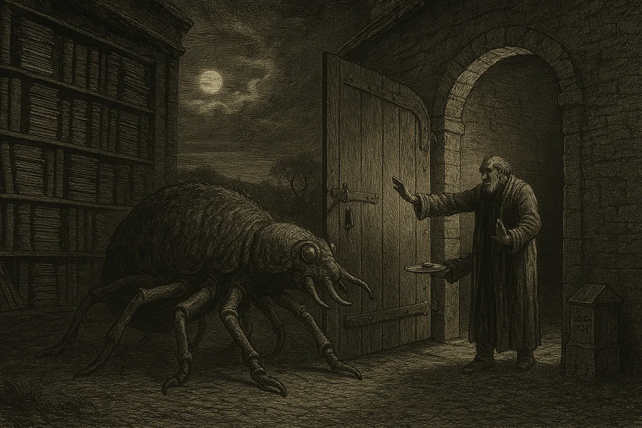 Engraving: A night-time toll house beside a vast storehouse of ledgers and manuscripts. A keeper in a long coat holds the great door wide open and waves away a coin offered on a tray, admitting an enormous many-legged beast that lumbers inside to read. The gate stands unlatched, the collection box empty.