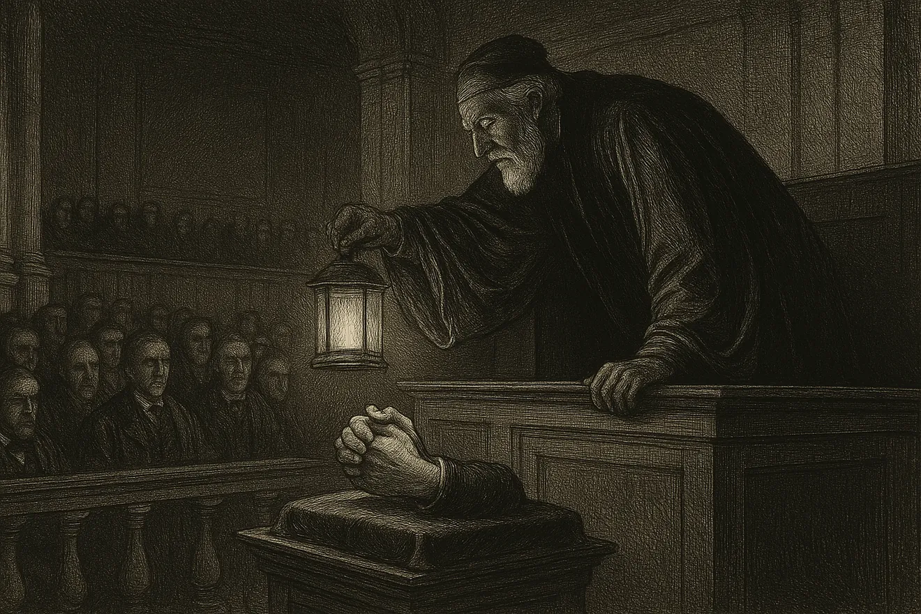 Engraving: A solemn high-ceilinged courtroom. A robed judge leans down from the bench holding a lantern over a pair of disembodied clasped hands displayed on a velvet pedestal in the witness box. The gallery watches in silence as the cold light falls on the grip.