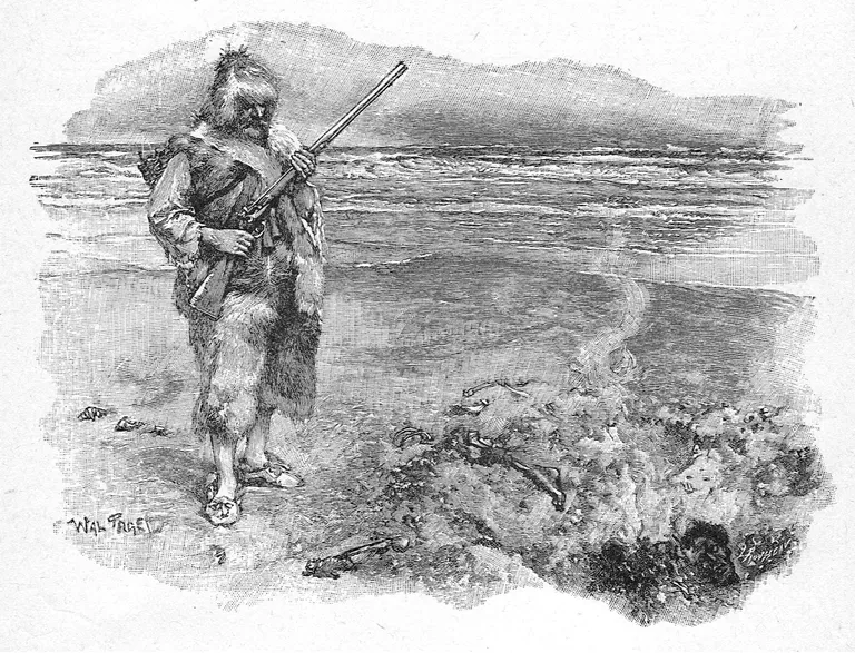 Robinson Crusoe observing cannibals